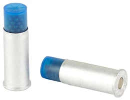 Two blue-tipped ammunition shotshells on white background.