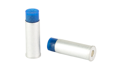 Two blue-tipped shotgun shells on white background.