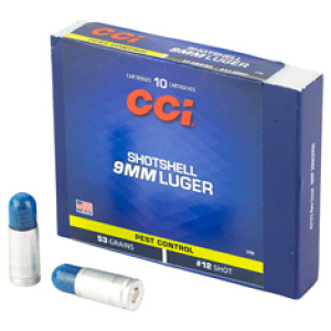 CCI Shotshell 9mm Luger ammunition box with bullets.