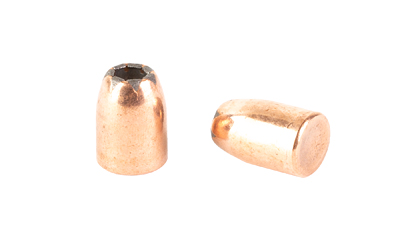 Two copper handgun bullets on white background