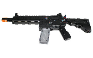 LEGO-built black assault rifle model with orange tip