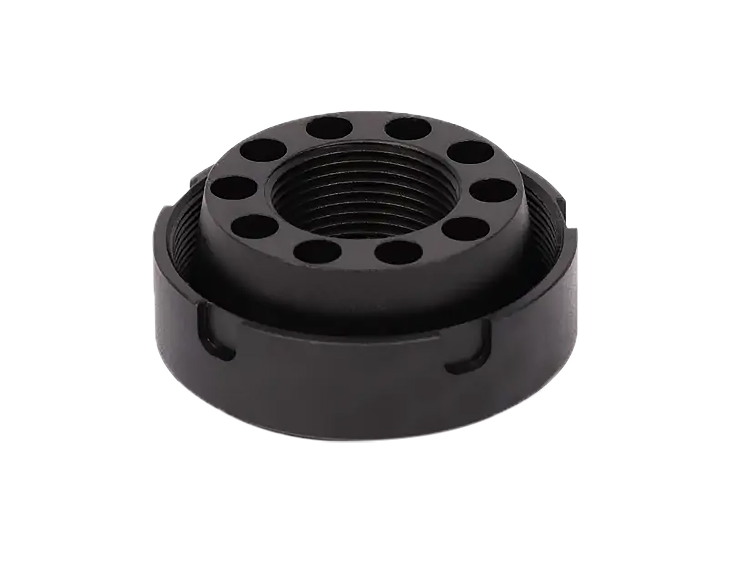 Black metallic threaded component with side grooves
