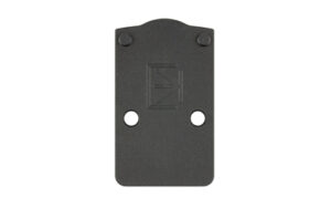 Black metallic plate with two holes and logo.