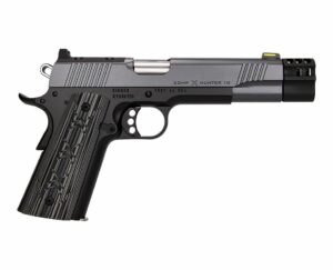 Black semi-automatic handgun on white background.