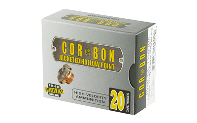 Corbon jacketed hollow point ammunition box with cartridges