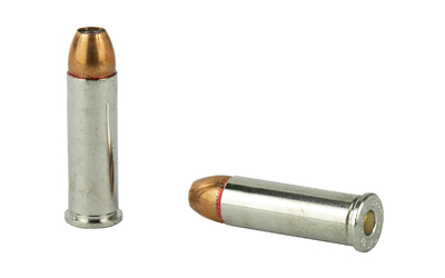 Two metal bullet casings, one standing upright.