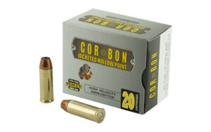 Cor-Bon jacketed hollow point ammunition box and cartridges