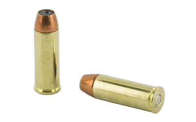Two brass handgun cartridges on white background