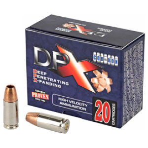 DPX high-velocity ammunition box and bullets