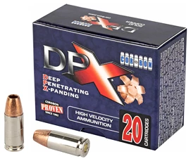 DPX high-velocity ammunition box and bullets