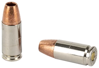 Two pistol bullets on white background.