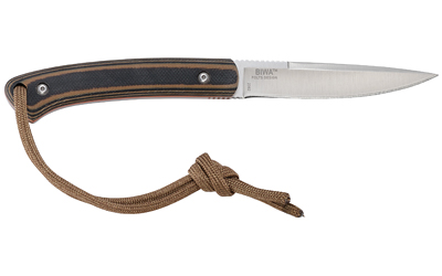 Fixed-blade knife with wooden handle and lanyard