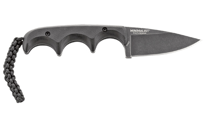 Black minimalist fixed-blade knife with paracord lanyard