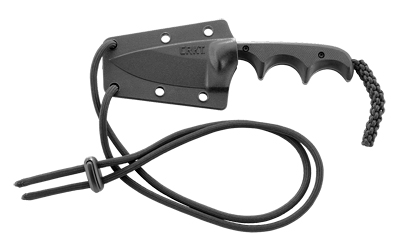 Black fixed-blade knife with sheath and lanyard