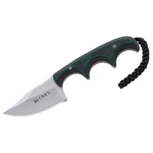 Knife with ergonomic handle and braided lanyard.