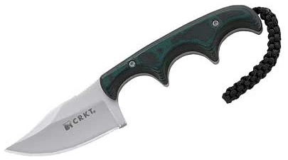 Knife with ergonomic handle and braided lanyard.