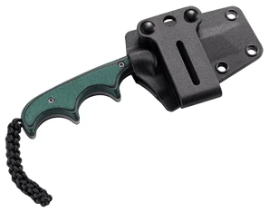 Tactical knife with sheath and green handle.