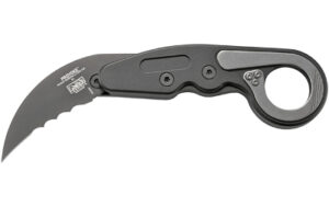 Black folding karambit knife with curved blade