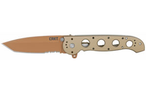 Tan CRKT folding pocket knife with serrated blade