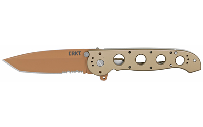 Tan CRKT folding pocket knife with serrated blade