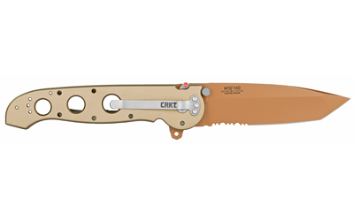 Tan folding pocket knife with partially serrated blade