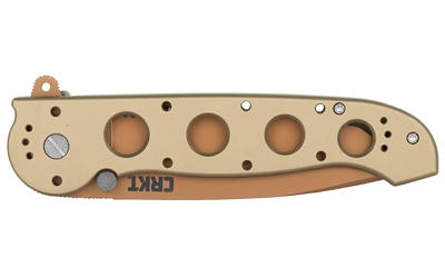 Tan folding pocket knife with partially serrated blade