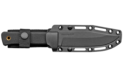 Black fixed-blade knife in protective sheath