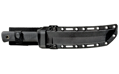 Black fixed-blade knife with sheath