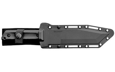 Black tactical knife with sheath and belt loop.