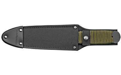 Sheathed knife with green-wrapped handle and black sheath.