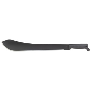 Black machete with a curved blade and handle.