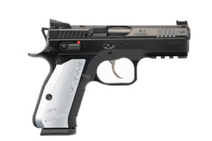 Black and silver semi-automatic pistol on white background