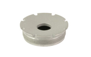 Round threaded metal cap with center hole
