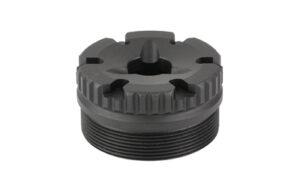 Black industrial component with screw threads.