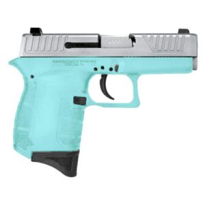 Teal and silver semi-automatic pistol on display.