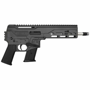 Black tactical firearm with grip and trigger