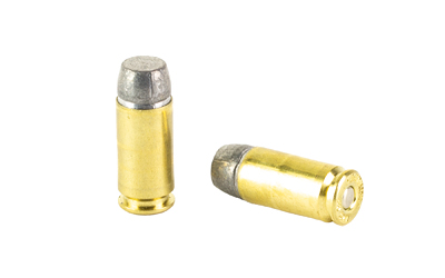 Two brass handgun cartridges on white background