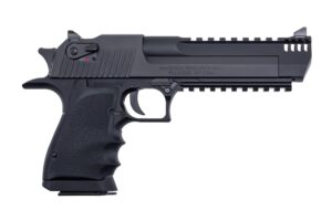 Black semi-automatic handgun on white background