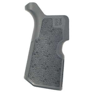 Black textured grip handle for tools or weapons.