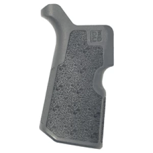 Black textured grip handle for tools or weapons.