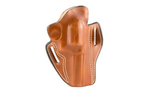 Brown leather handgun holster with white stitching