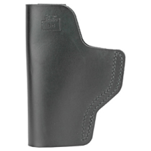 Black leather gun holster, vertical orientation