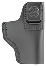 Black leather firearm holster with belt clip.
