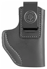 Black leather clip-on holster for concealed carry.