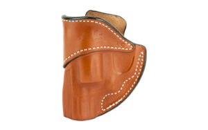 Brown leather handgun holster with white stitching