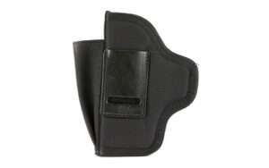 Black leather handgun holster on white background