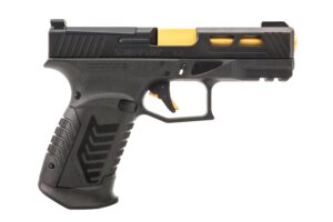 Black and yellow modern handgun design.