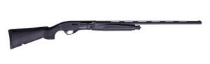 Black semi-automatic shotgun on white background