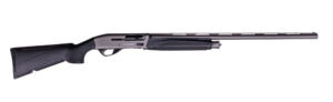 Black semi-automatic shotgun on white background