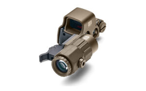 Tan holographic sight with flip-to-side magnifier
